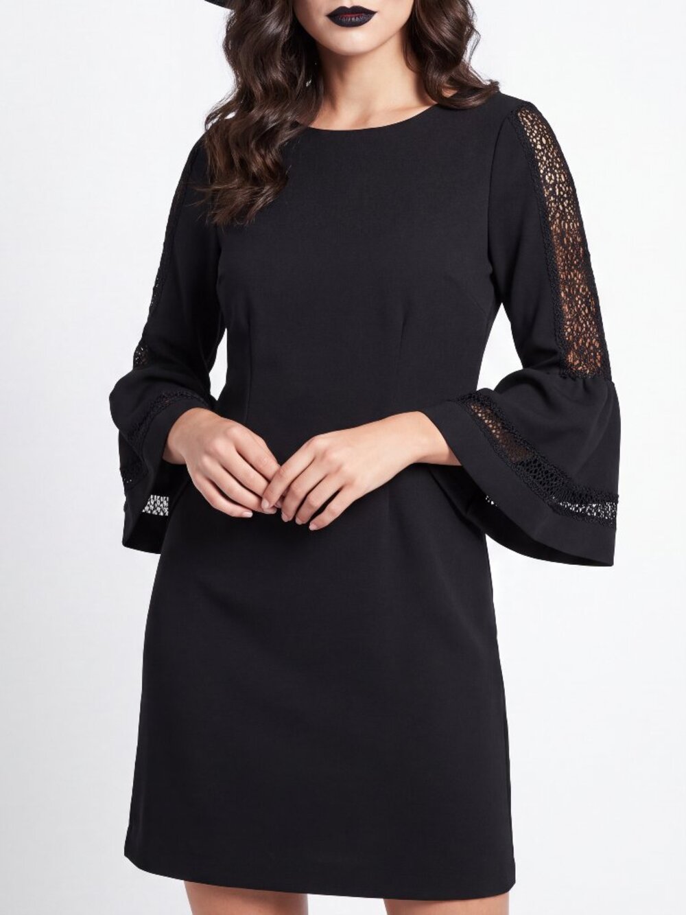 Antonio Melani Shift Dress 10 Black Lace Accent Flared Bell Sleeve